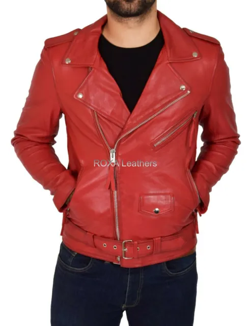 Designer Men's Red Authentic Lambskin Pure Leather Jacket Belted Biker Coat