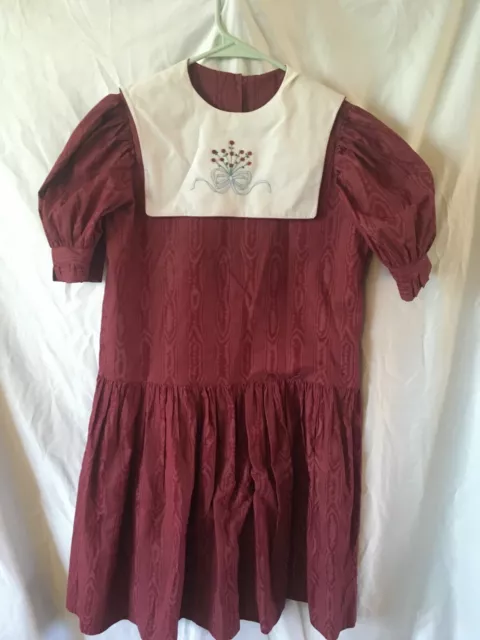 Girls Embroidered Dress Sz 12 -14 Handmade Maroon Swirl Floral Rose Apron Collar