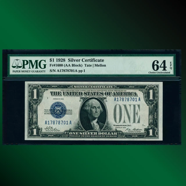 Fr.1600 1928 $1 Silver Certificate Blue Seal, "FUNNYBACK", PMG 64 EPQ, 78701