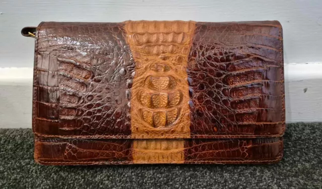 Vintage Handmade Genuine Hornback Crocodile Skin 1970s Clutch Bag Chestnut Brown