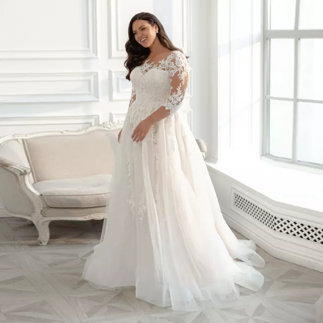 Plus Size A Line 3/4 Sleeve Glitter Tulle Appliqued Lace Wedding Dress