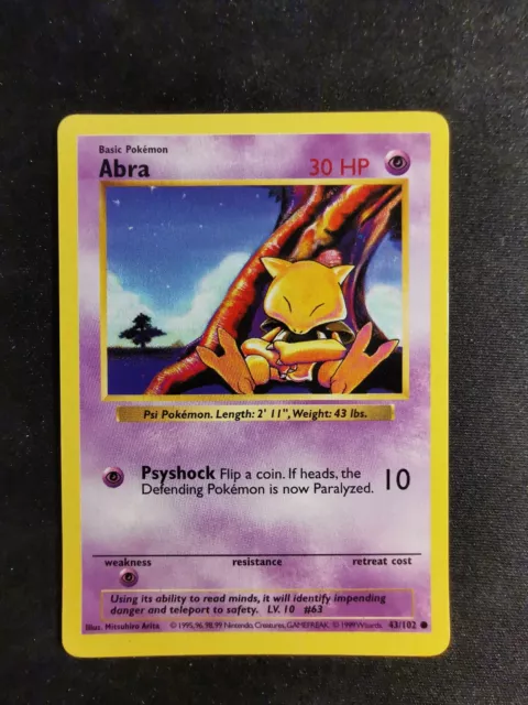 Abra 43/102 Shadowless Base Set Pokemon Card Wizard Of The Coast