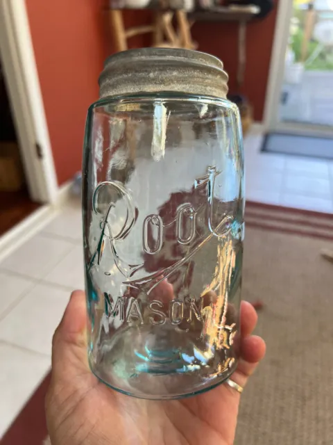Antique Aqua Colored Root Mason Embossed Quart Size Fruit Jar with Zinc Lid