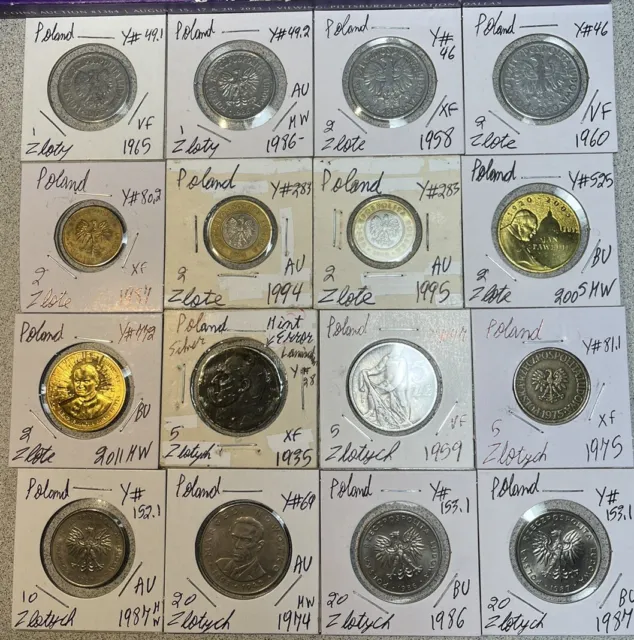 1935 - 2011 Poland 1, 2, 5, 10 & 20 Zlotych VF - BU 16 Coin Lot w/ 1 Silver