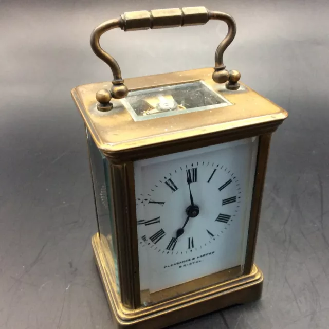 Vintage Brass Carriage Clock Retailed by Pleasance & Harper - Bristol- Needs TCL