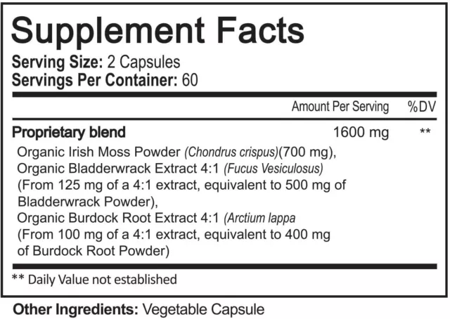 NUTRIFLAIR ORGANIC IRISH SEA MOSS 1600mg Bladderwrack Burdock Detox 120 Caps 3