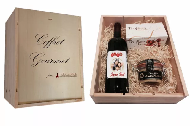 COFFRET DU GOURMET MALLE BOIS  Bordeaux rouge - foie gras- chocolat "cadeau"