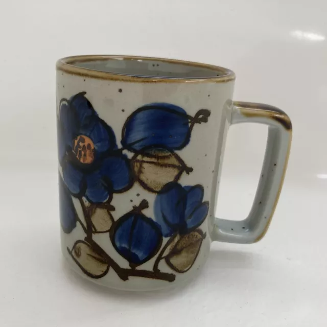 VTG otagiri flower coffee mug blue hand painted Speckled Stoneware  4”