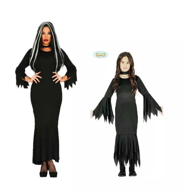 CARNEVALE HALLOWEEN VESTITO Costume Morticia Addams Strega Bambino