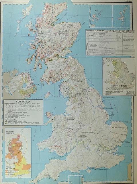 VINTAGE LARGE MAP of BRITAIN GLACIATION ERRATIC ROCKS ISOTATIC RECOVERY ...