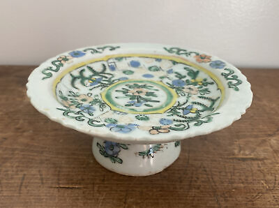 Antique 19thC Chinese Famille Verte Porcelain Painted Compote Footed Low Bowl