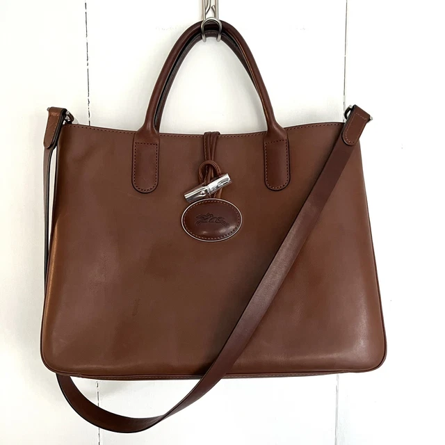Longchamp Roseau Heritage Brown Leather Medium Shoulder Tote Bag Purse