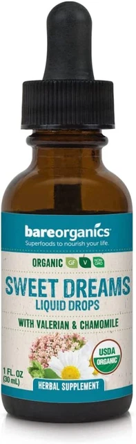 Gotas líquidas BareOrganics Sweet Dreams, ayuda herbal para dormir, 1 onza