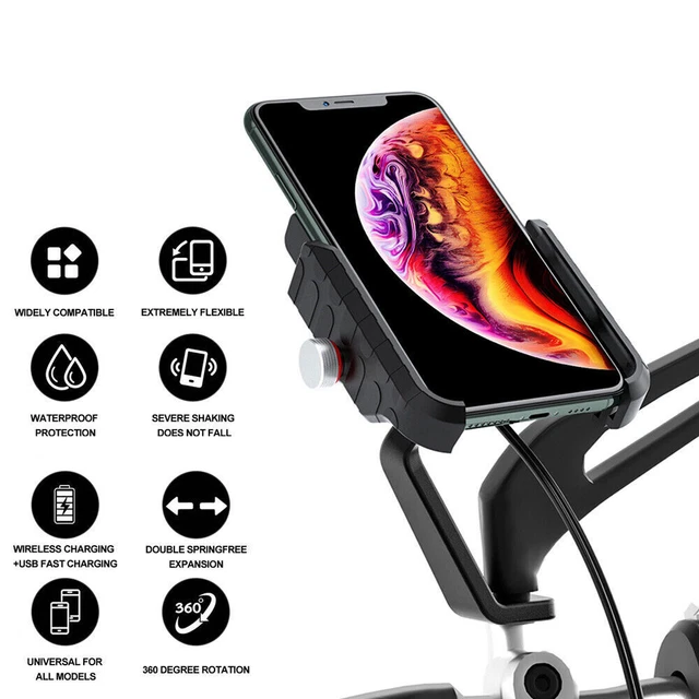 Motorcycle Handlebar Cell Phone Mount Holder Wireless Charging Stand USB Charger