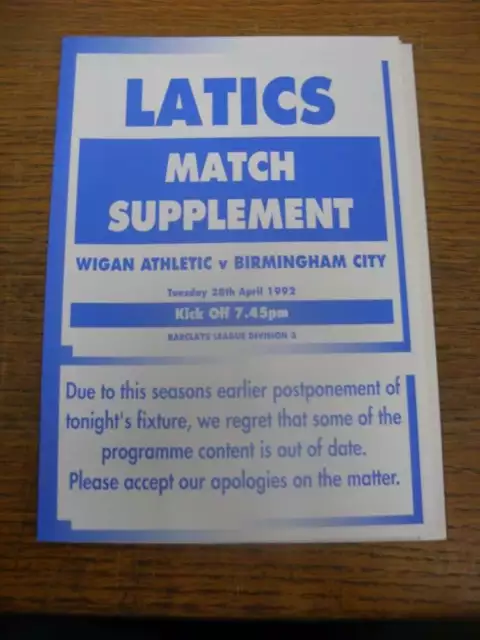 28/04/1992 Wigan Athletic v Birmingham City [Programme Dated 31/01/1992 With Fou