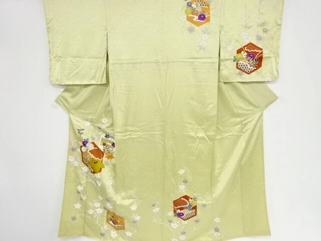 82738# Japanese Kimono / Antique Kimono / Embroidery / Kikko With Kiku Paulownia