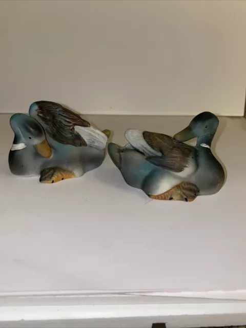 Vintage Hand Painted Porcelain Ceramic Bisque Mallard Duck Figurine Set Of 2