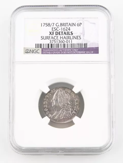 1758/7 Great Britain Sixpence Silver Coin XF Details NGC 6 Pence KM-582.2