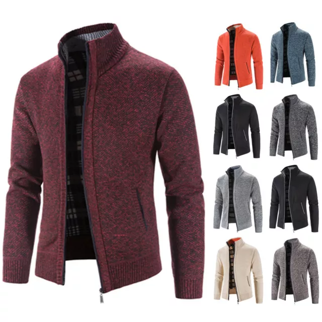 Mens Zip Sweater Jumper Jacket Outwear Coat Casual Knitted Fleece Lined Cardigan