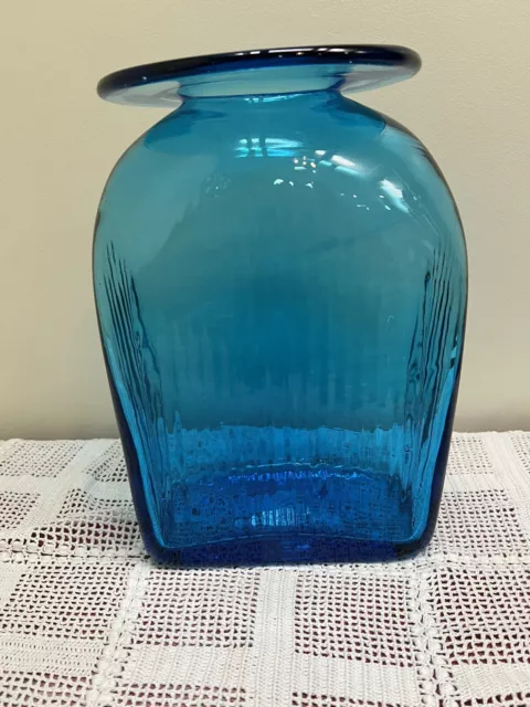 Blenko Mid-Century 1960’s #6420 Large Ribbed Turquoise Vase 11.5”