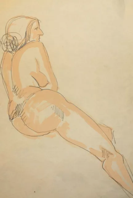 Vinrage Modernist Nude Woman Portrait Gouache Pencil Painting