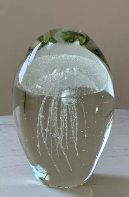 SPI Home Art Glass White Jellyfish With Bubbles Paperweight Decor Nautical