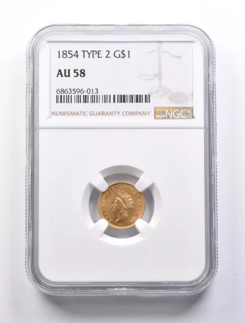 AU58 1854 Type 2 $1 Indian Princess Head Gold Dollar NGC *1311