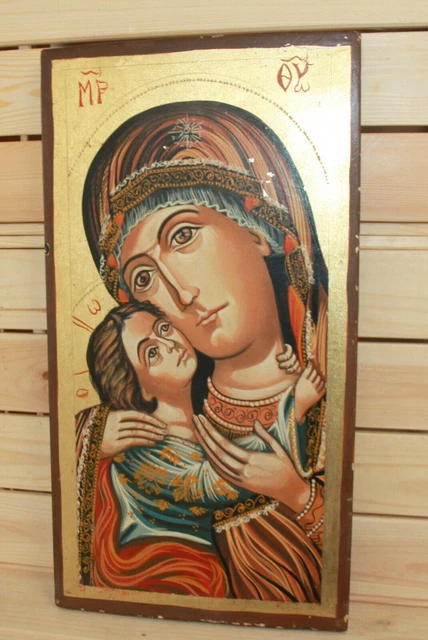 Icône Religieuse Sur Bois : Marie à L'enfant Jésus Par Ilian Rachov (2001) - 20x29cm