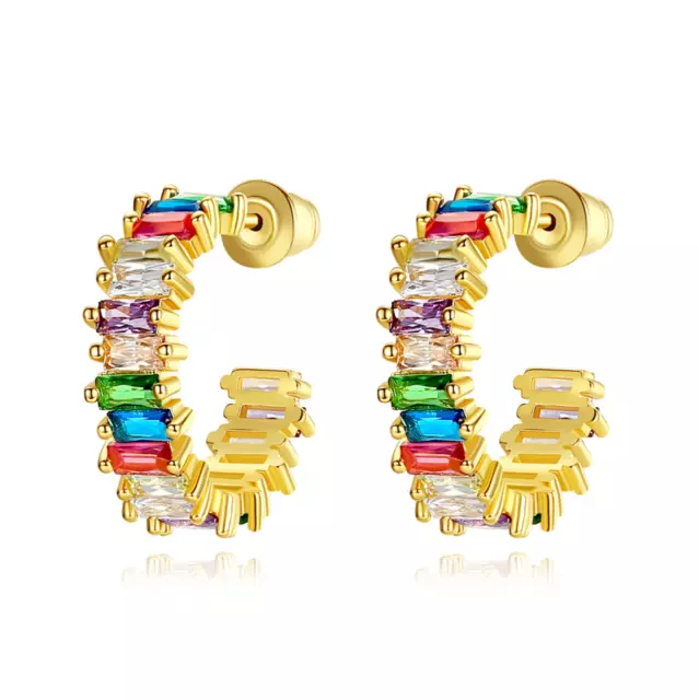 Open C Hoop Earrings with Multi Color Swarovski Elements Cubic Zirconia