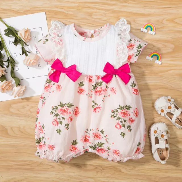 Newborn Infant Baby Girls Floral Lace Bow Romper Bodysuit Clothes