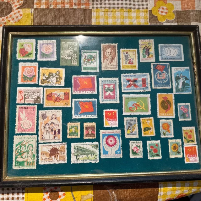 Vintage 80s ? Vietnam Used lot of stamps Framed 9.5x12.5”