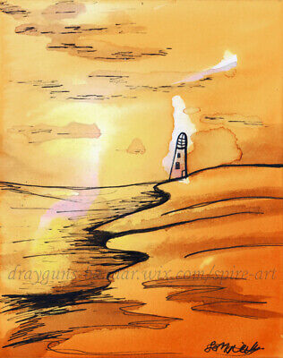 SFA Original Art 5x4 Landscape Lighthouse Ocean Sky Beach Ink Painting SMcNeill