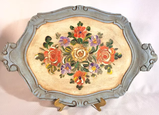 Serving Tray Italy Florentine Floral Motif Hand Painted Wood Italy 17" x 11” Dre