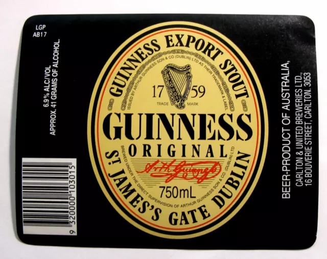 Carlton & United GUINNESS EXPORT STOUT beer label AUSTRALIA 750mL LGP AB17