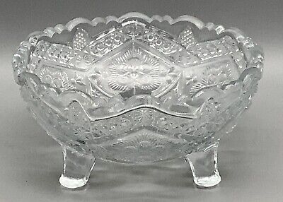 Vintage 1920’s Clear Indiana Pressed Glass “Rayed Flower” 3-Toed Berry Bowl