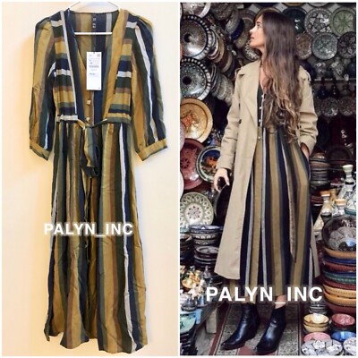 Nwt Zara Long Flowing Striped Dress With Buttons Wool 8034/113