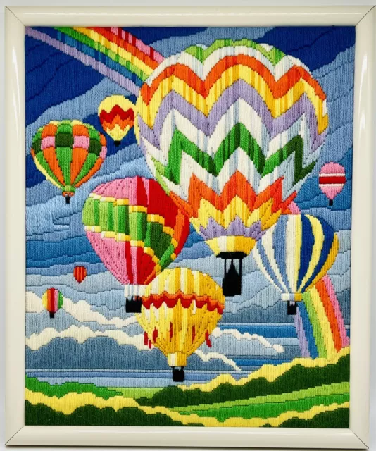 "Globo de Colección Aire Caliente Aguja Crewel Enmarcado Pared Arte Colores Vivos Arco Iris 21"""
