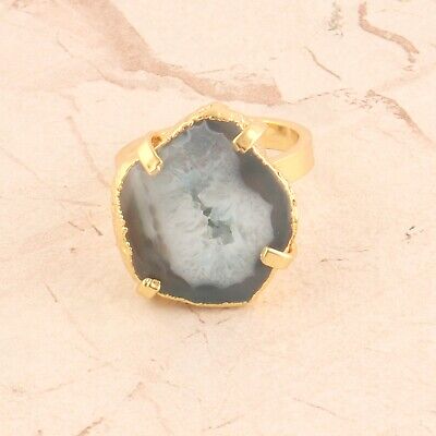 Geode Druzy Gemstone Band Ring Size Adjustable Brass Handmade Jewelry For Women