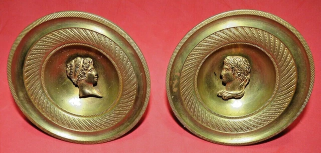 Huge Vtg ROMAN BRASS ANTIQUE Curtain rod wall knobs PULLS PAIR 1lb 6oz 4"