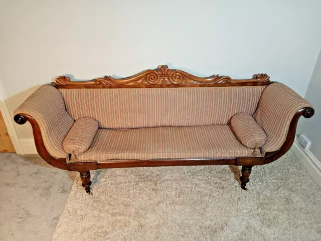 Regency Flamed Mahogany Scrolled Sofa with Foliate Carved Back. Can Deliver