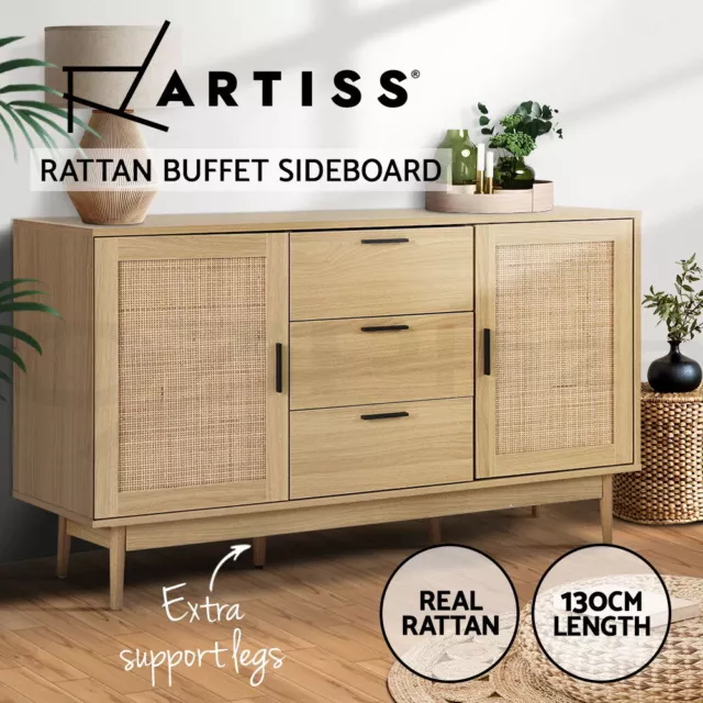 Artiss Buffet Sideboard Rattan Cupboard Cabinet 3 Drawers Pantry Storage BRIONY