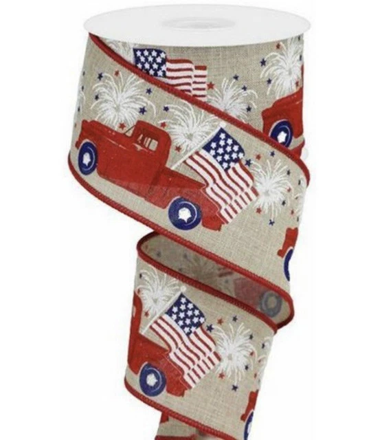 2.5" Red Vintage Patriotic Truck - Red Farm Truck Flag Wired Edge Ribbon (Buff)