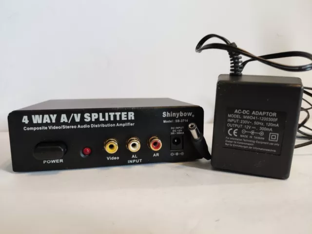 Shinybow 4 Way AV Splitter Video Stereo Distribution Amp Model SB3714 +12v Power