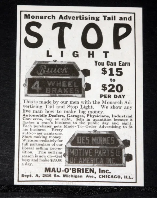 1924 Old Magazine Print Ad, Mau-O'brien, Monarch Advertising Tail & Stop Light!