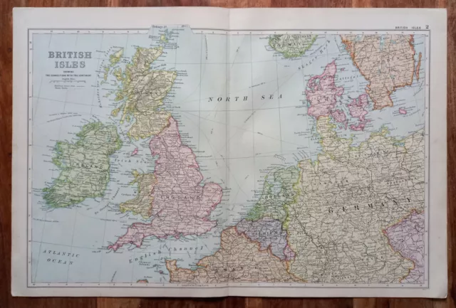 1904 große Karte der britischen Inseln. 119 Jahre alt. Mit Deutschland, Holland & Belgien. 2