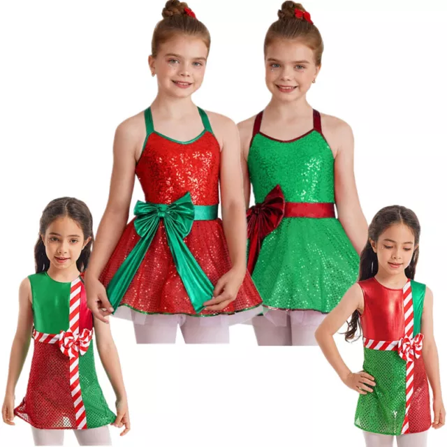 UK Kids Girls Christmas Dancewear Costume Shiny Sequins Figure Ice Skating Dress