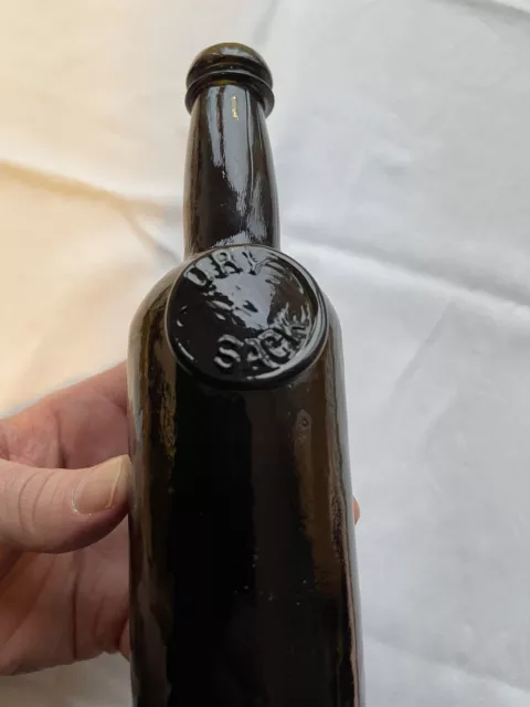 RARE AS DUG UP c1800s Dark Brown Glass Sealed Wine Bottle Free Blown DRY SACK