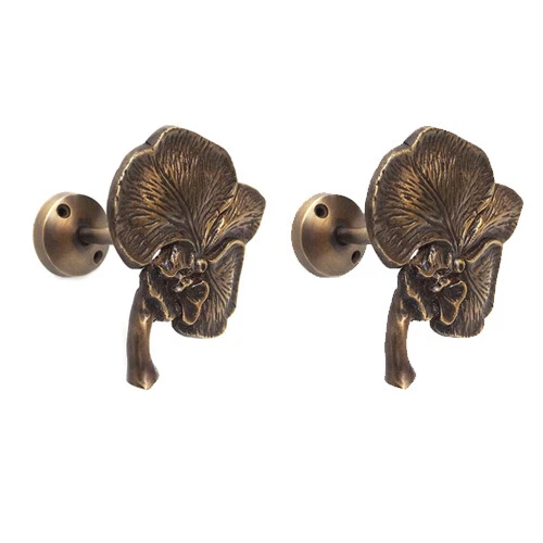 Pair of Orchid Curtain Holdback Wall Tie Backs Hanger Antique Solid Brass
