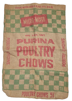 Vintage Purina Poultry Chows 100lb Double Side Burlap Feed Bag 1950s
