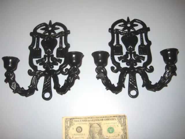 Vintage Wilton Pair Black Cast Iron Trivets Two Arm Candle Holder Wall Sconces